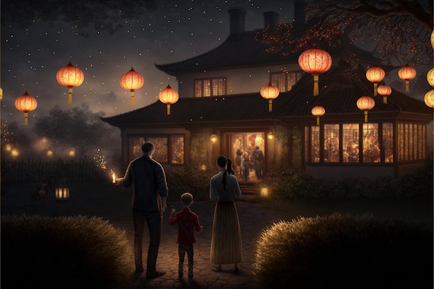 Familie steht nachts vor einem Haus, generative KI