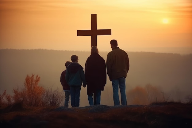 Familie sucht nach dem Kreuz auf dem Hintergrund des Sonnenaufgangs