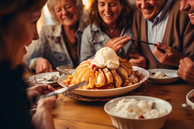 Familie teilt sich einen warmen Apfelkuchen mit Eis