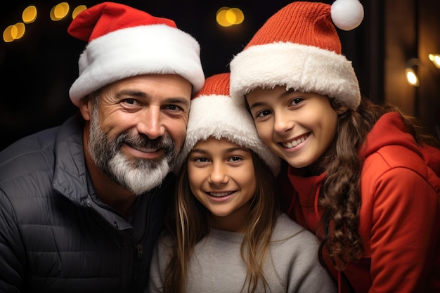 Familie trägt zu Hause Weihnachtsmannshüte vor dem Hintergrund von Weihnachten