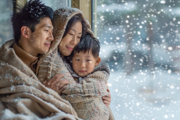 Familie umarmt während des Schneefalls Glückliche Eltern mit einem in eine Decke gewickelten Kind genießen den Winter