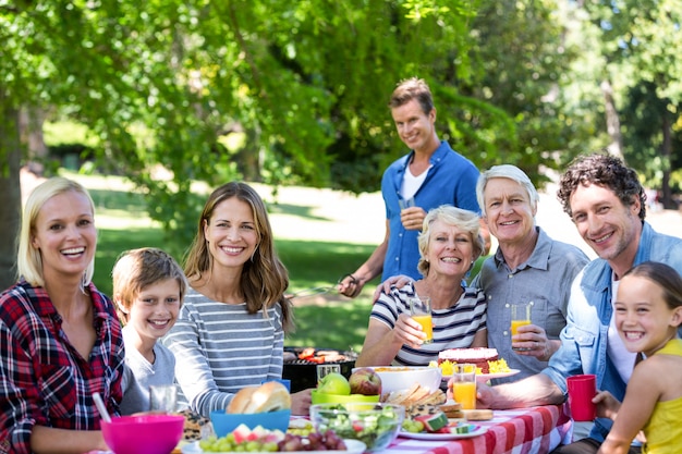 Familie und Freunde, die ein Picknick mit Grill haben
