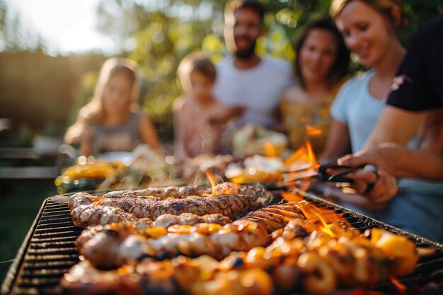 Familie und Freunde genießen ein Grillfest im Garten