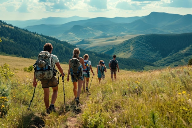 Foto familie und freunde wandern gemeinsam im urlaub