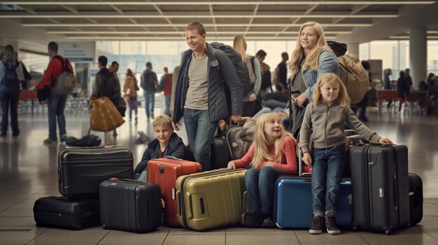 Foto familie und kinder mit vielen koffern am flughafen reisen im urlaub reisen konzept kopierraum für text