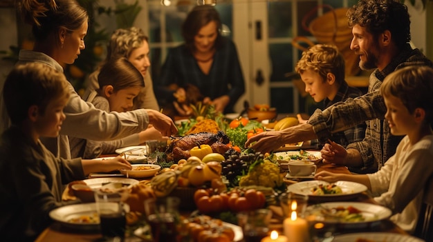 Familie versammelt sich um einen Tisch, um eine Mahlzeit zu teilen, die aus ihren heimischen Zutaten hergestellt wurde, um zu feiern