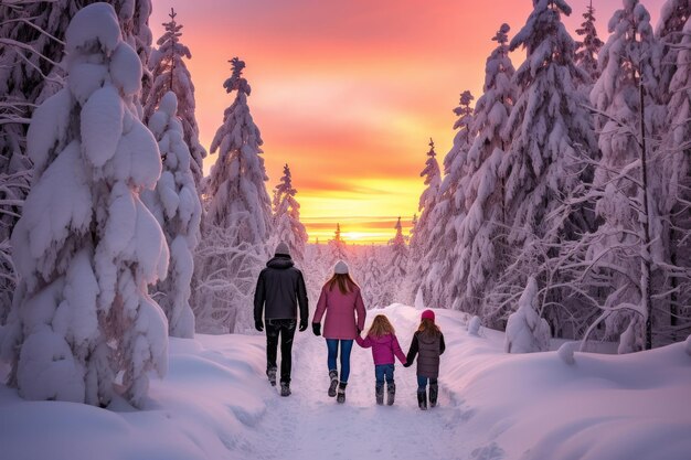 Foto familie winterwald sonnenuntergang weg vater aktiv erzeugen ai