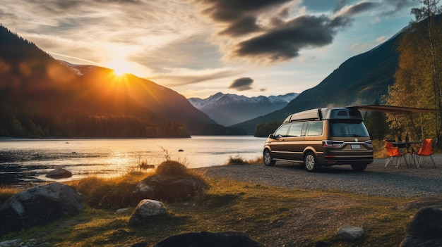 Familien-Campingwagen Machen Sie Urlaub in einem Wohnmobil, das am Fluss geparkt ist und die Berge im Hintergrund im Hintergrund liegt