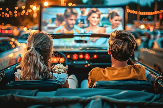Familien, die einen Filmabend im Drive-in genießen, in Vintage-Autos gekuschelt, Popcorn kauen und