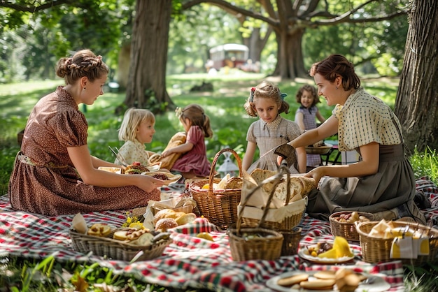 Familien genießen ein Picknick im Park mit Vintage-Decken, hausgemachten Sandwiches und Oldfas