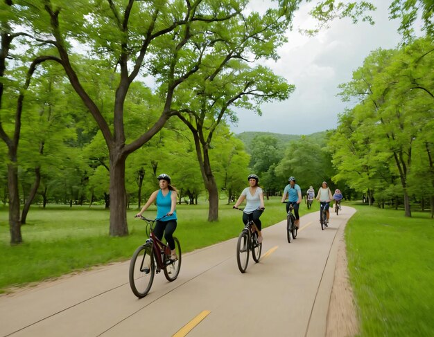 Familien genießen eine gemütliche Fahrradfahrt durch die landschaftlich reizvollen Wege des Parks
