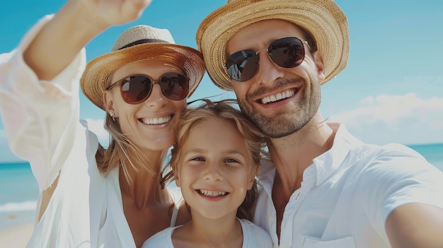 Familien-Selfie an einem sonnigen Strand mit klarem blauen Himmel