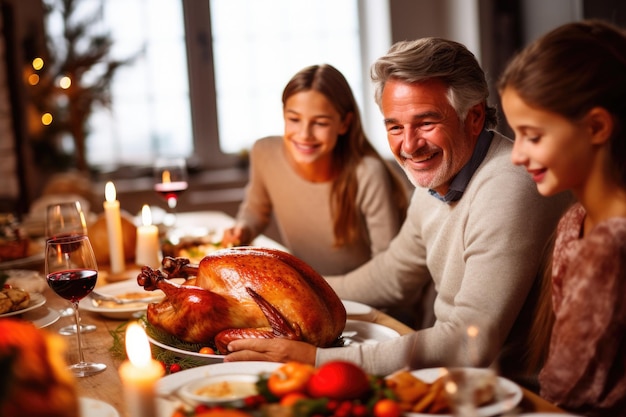 Familien-Thanksgiving-Dinner Familie sitzt am Tisch