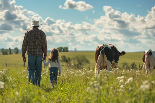 Familienbau mit Vater und Tochter, die sich um Kühe kümmern