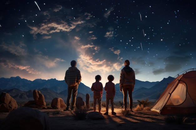 Familiencamping in den Bergen in der Nacht mit Sternenhimmel im Hintergrund Ein Familiencamping unter einem sternreichen Himmel AI-generiert