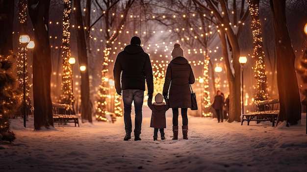 Familieneltern und Kinder in einem wunderschönen Wintergarten mit Weihnachtsbeleuchtung an den Bäumen am Abend