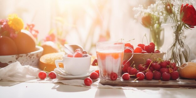 Familienfrühstück mit frischem Obst und Saft