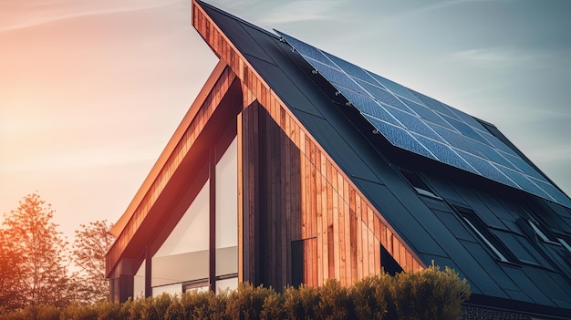 Familienhaus mit Sonnenkollektoren und Sunrise-Solarenergiesystem Sonnenuntergang