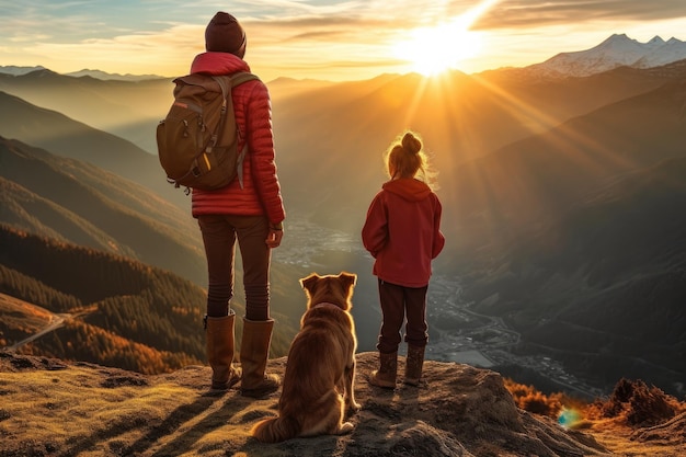 Familienkind und ihr geliebter Hund stehen auf dem Gipfel eines Berges. Generative KI