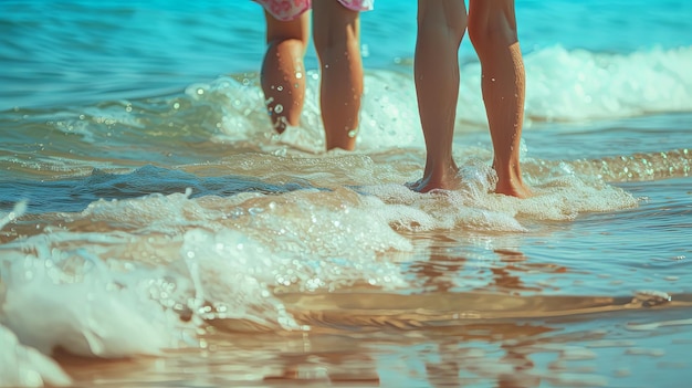 Familienmitglieder gehen am Strand, am Ufer, im Sand, im Meer. Banner-Hintergrunddesign