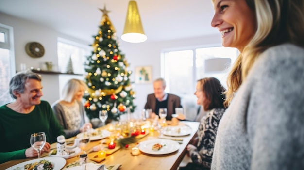 Familienmitglieder sitzen zu Weihnachten an einem Tisch zusammen