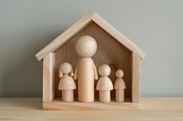 Familienpflege-Schutz- und Versicherungskonzept Holzpuppenfamilie in einem Haus
