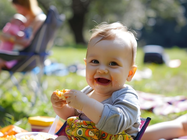 Familienpicknick Baby probiert zum ersten Mal Essen