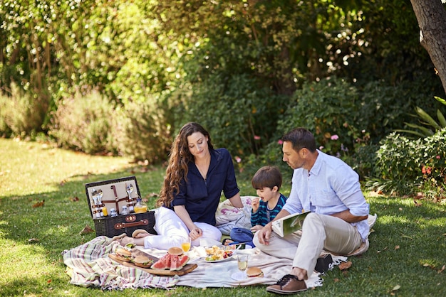 Familienpicknicks sind die beste Aufnahme einer Familie, die gemeinsam ein Picknick genießt