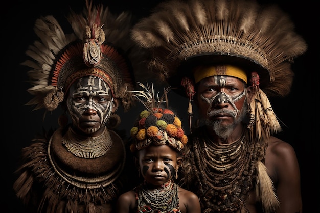 Familienporträt des Stammes Huli Wigmen aus Papua-Neuguinea Ai generierte Kunst