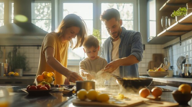 Familienporträt glücklicher Familie Vater Mutter und Sohn bereiten zusammen Frühstück in der Küche international vor