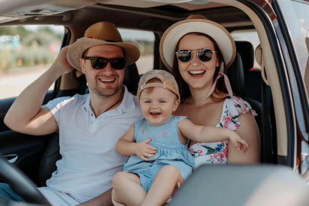 Familienreise auf einer Straßenreise Glückliche Familie auf einer Straßenfahrt in ihrem Auto Sommerferien