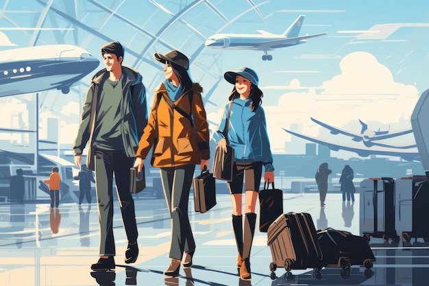 Familienreise-Konzept, Familienreise am Flughafen. Zeit für Vektor 2d Generative AI