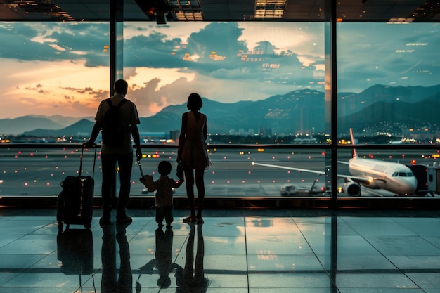 Familienreise Silhouette Figuren von Familienmitgliedern in einem Flughafen Terminal