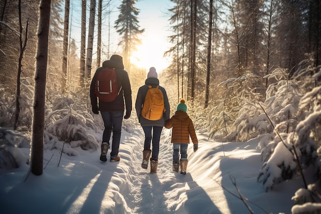Familienwanderung durch schneebedeckten Winterwald Hinteransicht von Eltern und Kind, die auf dem Pfad laufen