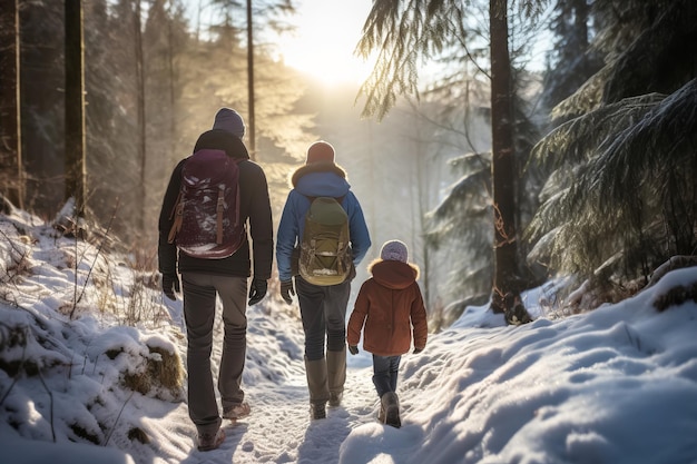 Familienwanderung durch schneebedeckten Winterwald Hinteransicht von Eltern und Kind, die auf dem Pfad laufen