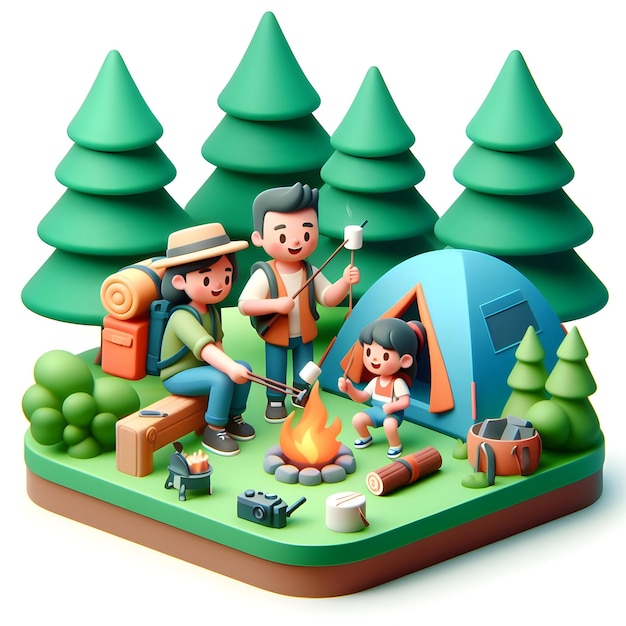 Family Camping Adventure Fogo de acampamento e marshmallows na floresta 3D Ícone plano Ilustração de Fami