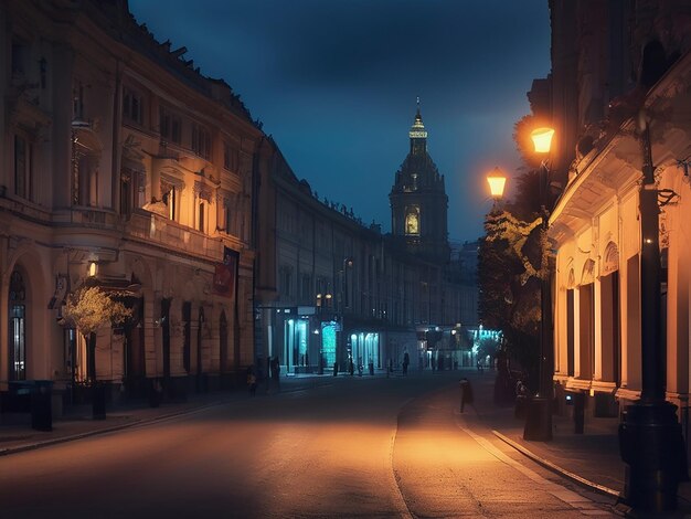 La famosa calle de la ciudad iluminada por las luces de la calle al anochecer