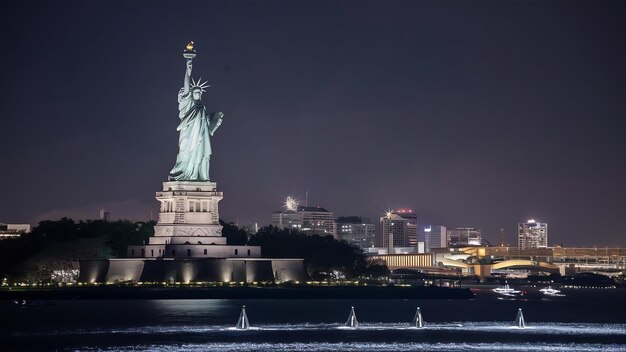 La famosa y histórica estatua de la Libertad tocando el cielo nocturno en Odaiba, Tokio, Japón.