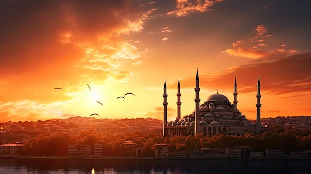 Famosa mezquita otomana histórica en Estambul Turquía popular destino turístico al atardecer