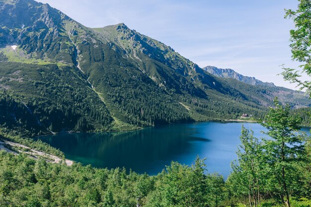 Famosas montañas Lago mar ojo lago en día de verano Vista superior del hermoso paisaje del lago Tatra