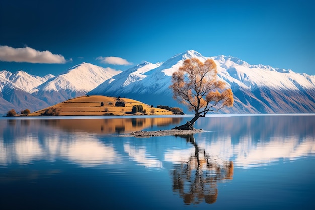 El famoso árbol solitario del lago Wanaka y el nevado Buch Ai generativo