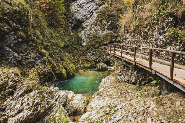 El famoso Cañón del desfiladero de Vintgar con camino de madera Parque Nacional Bled Triglav Eslovenia Europa en otoño