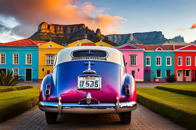 Famoso carro retrô de cor brilhante estacionado perto de casas coloridas no distrito de Bo Kaap, na Cidade do Cabo