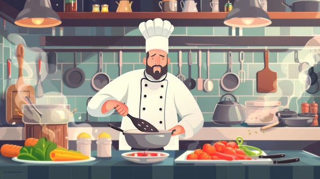 El famoso chef trabaja en la cocina de un gran restaurante con su ayudante La cocina está llena de comida, verduras y platos hirviendo