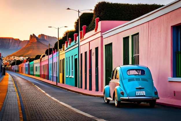 Famoso coche retro de colores brillantes estacionado junto a casas coloridas en el distrito de Bo Kaap en Ciudad del Cabo