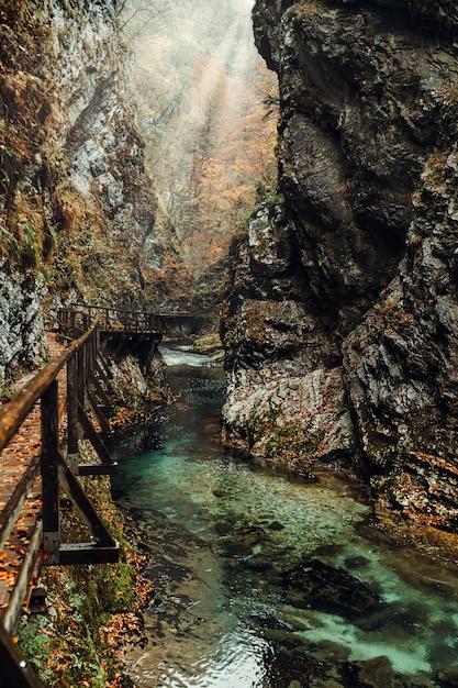 Famoso desfiladeiro de Vintgar, com margens rochosas do rio e ponte pedonal de madeira na temporada de outono, Eslovênia