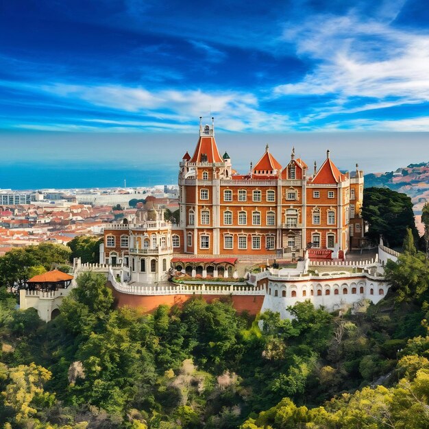 Foto famoso langmark nacional palácio de pena e céu azul sintra lisboa portugal europa