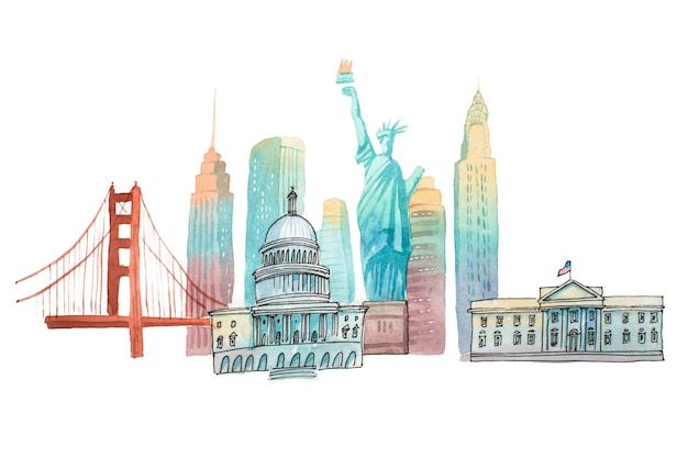 Famosos marcos americanos viagem e turismo ilustração waercolor