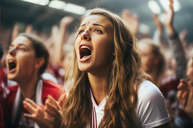 Fan enérgica de la mujer en el estadio durante el campeonato de fútbol