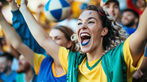 Una fanática de fútbol en éxtasis aclama a su equipo con la cara pintada en los colores del equipo